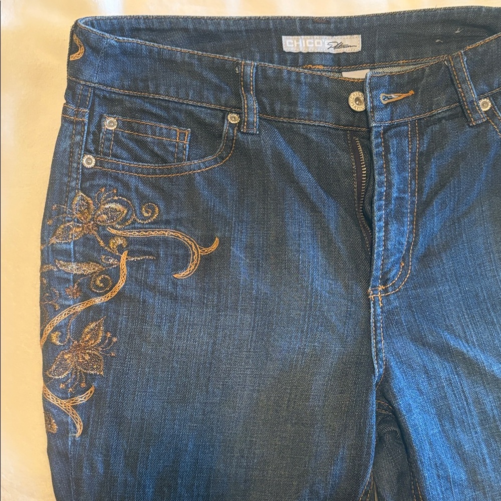 Chico's Platinum Dark Blue Jeans with Gold Embroidery size 1.5